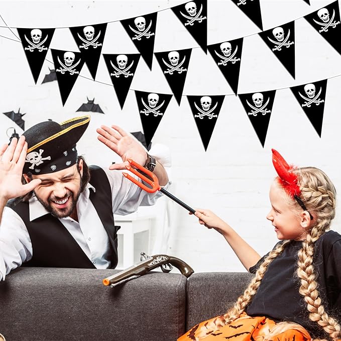9.68ft Pre-Strung Pirate Banner Halloween Pirate Flags Pirate Party Decorations Skull Ship Triangle Pennant Bunting for Halloween Birthday Party Outdoor Indoor Decorations