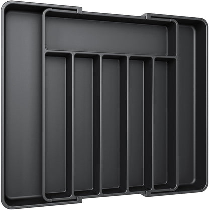 Aujen Silverware Organizer - Expandable Kitchen Drawer Organizer, Adjustable Utensil Organizer, Cutlery Tray for Forks, Knives, Multipurpose Kitchen Organizers and Storage Solution, Black, Large