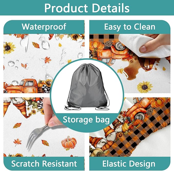 Fall Picnic Table Cover with Bench Covers, Camping Essentials, Thanksgiving Buffalo Plaid Floral Waterproof Windproof, Fitted Tablecloth Cover with Elastic Edge, Indoor & Outdoor, 3 PCS, 30x96 Inch