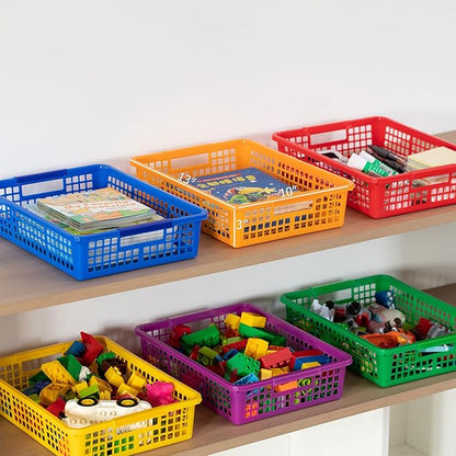 Basicwise 6-pc Assorted Colors Plastic Storage Basket Stackable Organizers for Paper Books Craft Supplies Pantry Items or Classroom Use Multi-Purpose Desk Accessories for Home School Daycare or Office