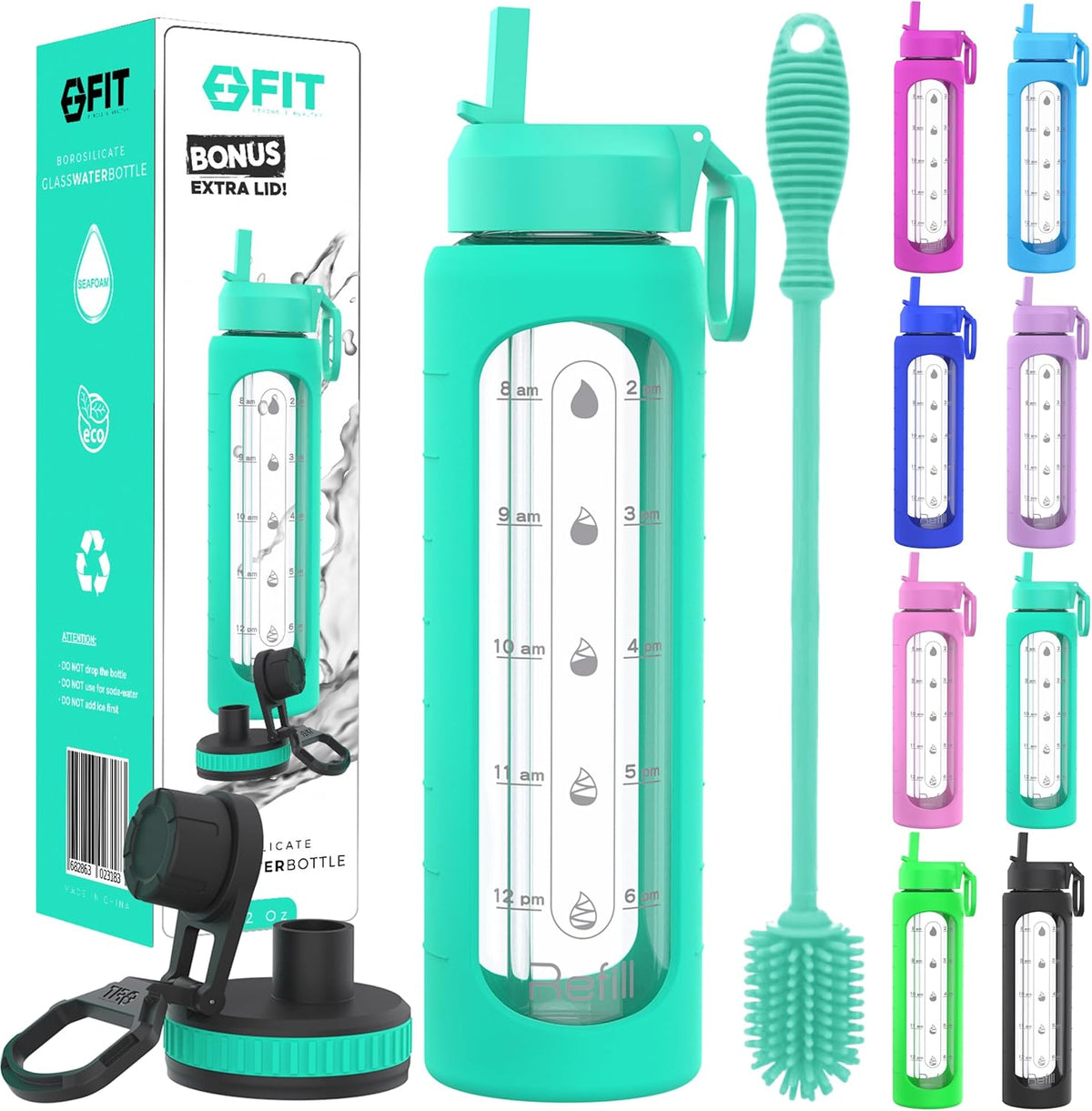 FIT Strong & Healthy 32 oz Glass Water Bottle with Straw Lid, Time Marker, Sleeve & Extra Lid - Motivational, Wide Mouth 1 Liter Glass Drinking Bottle