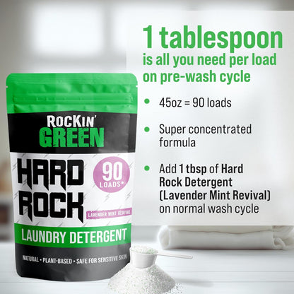 Rockin' Green Hard Rock Laundry Detergent for Hard Water (90 Loads), Plant based, Natural Laundry Detergent Powder, Biodegradable Odor Fighter, Safe for Sensitive Skin, 45 oz (Smashing Watermelons)