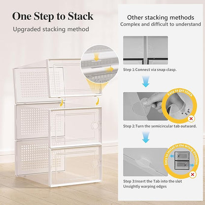 Kuject X-Large Shoe Storage Boxes Organizers Clear Plastic Stackable 12 Pack, Shoe Rack & Holder Substitute, Sneaker Containers, Toy Storage Organizer Bins for Entryway, Closet, Under Bed, White