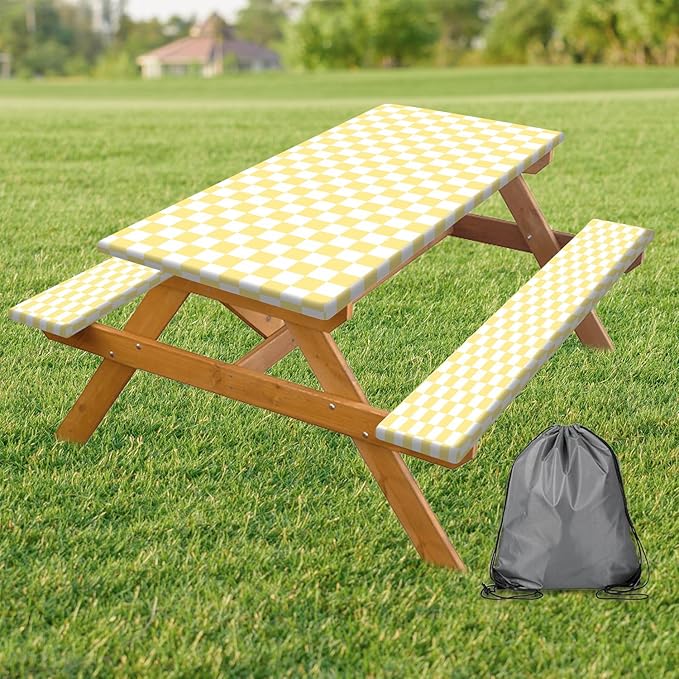 Picnic Table Cover with Bench Covers and Bag, Yellow White Checkered Gingham Buffalo Plaid Camping Tablecloth Waterproof Windproof Elastic Edges Fitted Tablecloths for Outdoor Garden 3PCS 30x60 Inch