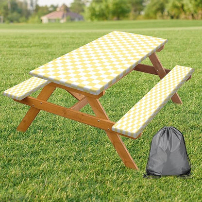 Picnic Table Cover with Bench Covers and Bag, Yellow White Checkered Gingham Buffalo Plaid Camping Tablecloth Waterproof Windproof Elastic Edges Fitted Tablecloths for Outdoor Garden 3PCS 30x96 Inch