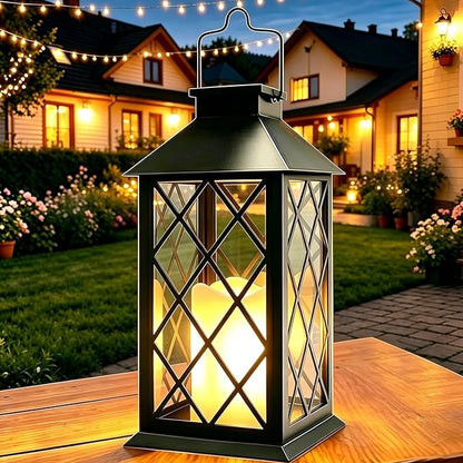 14" Large Tempered Glass Solar Lanterns Outdoor Waterproof, Hanging Solar Lights with Flickering Flameless Candles, Retro Solar Lantern for Wall Porch Patio Table Garden Decoration (Black)