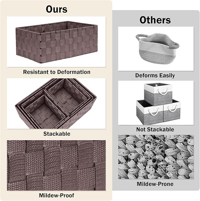 Uvellgift Woven Storage Baskets, Storage Bins, Cube Basket Container Baskets Storage Boxes Organizers for Clothes /Shelves/ Closet, Set of 6 (Brown)
