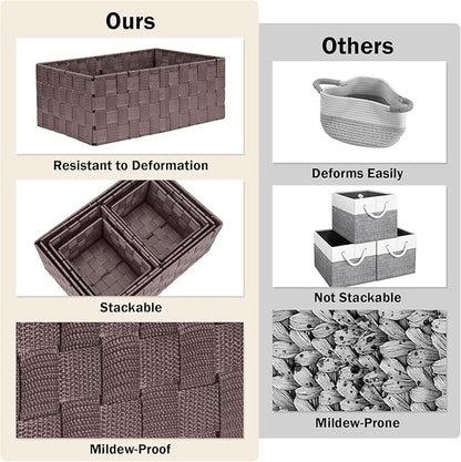 Uvellgift Woven Storage Baskets, Storage Bins, Cube Basket Container Baskets Storage Boxes Organizers for Clothes /Shelves/ Closet, Set of 6 (Brown)