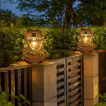 Natural Rattan Solar Lantern with Handle - Large Waterproof LED Decorative Garden Lights, Bright Rattan Solar Table Lamp for Yard, Patio, Wedding, Home Decoration