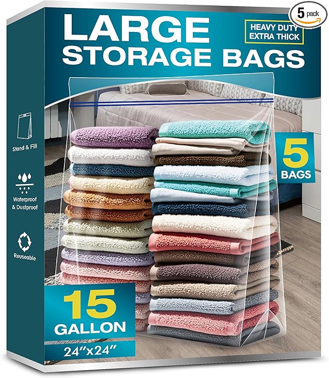 15 Gallon Large Storage Bags, 3.5 Mil Thick Clear Plastic Zipper Bags with Handles, 24" x 24" Large Heavy Duty for Home, Travel, and Moving (5 Packs)
