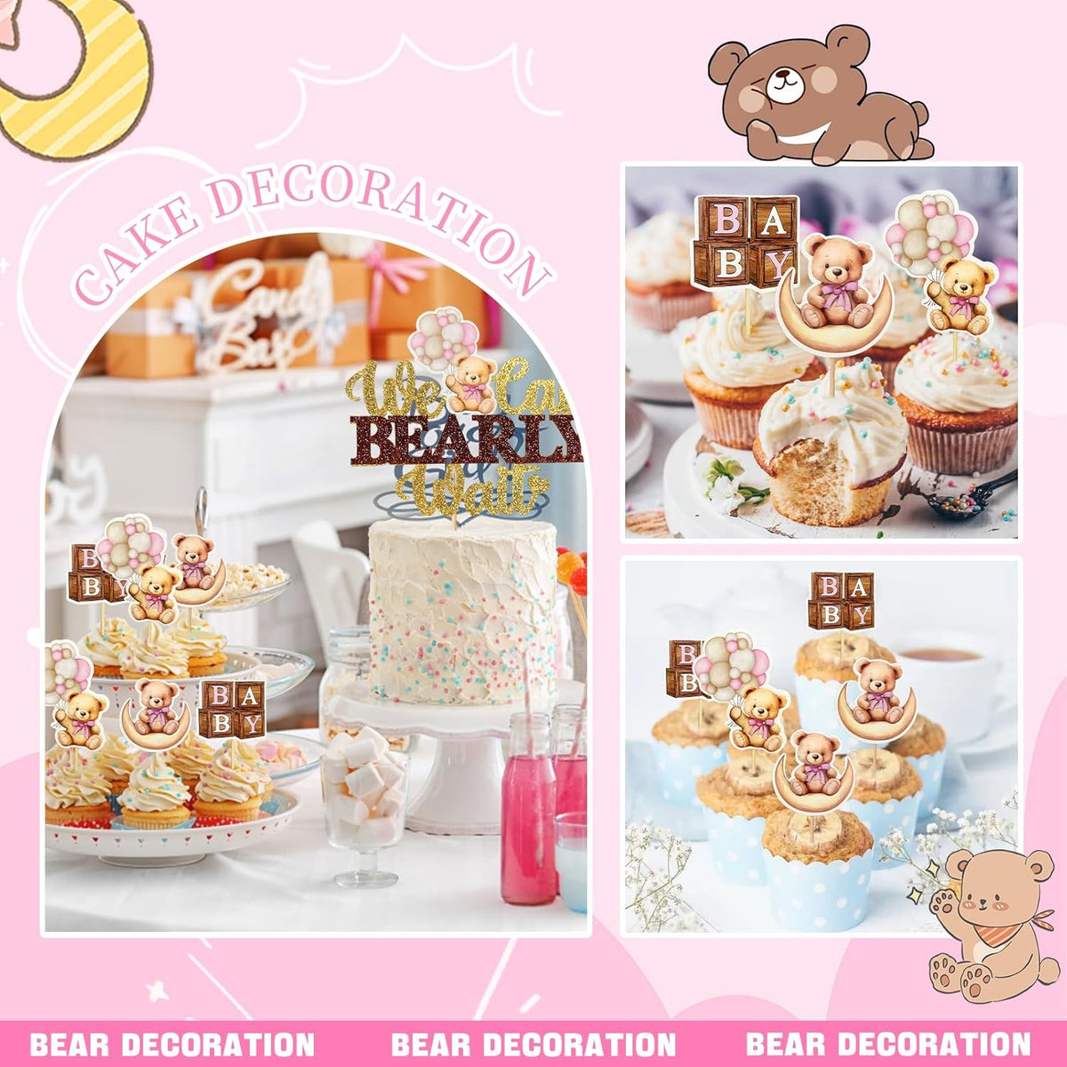 Memovan Bear Baby Shower Cupcake Toppers 25pcs We Can Bearly Wait Cake Cupcake Topper Bear Cake Cupcake Decoration for Baby Girl We Can Bearly Wait