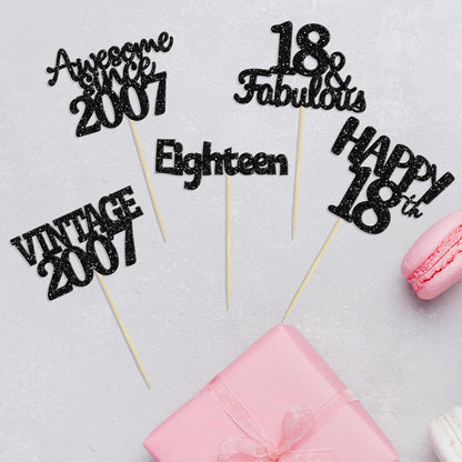 Gyufise 30Pcs Vintage 2007 Cupcake Toppers Glitter Eighteen Happy 18th Cupcake Picks Happy 18th Birthday Cake Decorations for Happy 18th Birthday Fabulous Anniversary Party Supplies Black