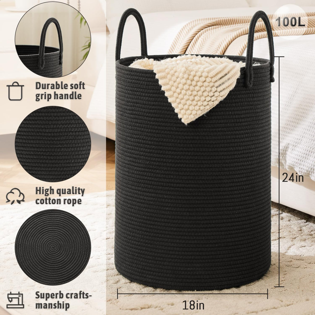 Laundry Basket,Woven Cotton Rope Laundry Hamper,100L for Decorative Storage of Dirty Clothes,Toys and Blankets in Bathroom,Baby Room and Living Room