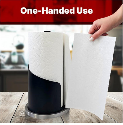 Stainless Steel Paper Towel Holder Countertop, Modern Spiral Cover Design,Keep Paper Towel Clean,Weighted Base for Stability, Freestanding Easy One-Handed Operation for Kitchen Bathroom (Black)