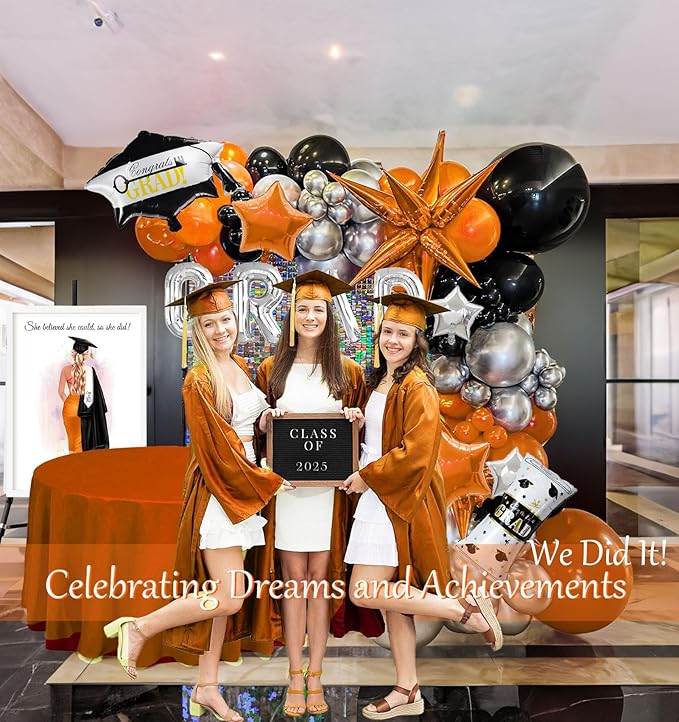 Black orange and silver Balloon Garland Arch Kit 130Pcs with orange and Silver Stars Graduation Certificate Graduation Cap crown GRAD Letters Mylar Balloons for 2025 GRAD Prom Decorations