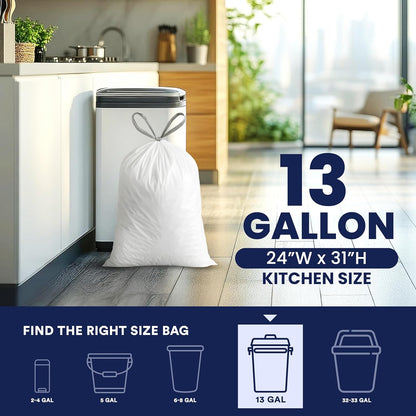 Plasticplace 13 Gallon Trash Bags │ 1.2 Mil │ White Extra-Large Drawstring Garbage Can Liners │ 24" x 31" (50 Case)