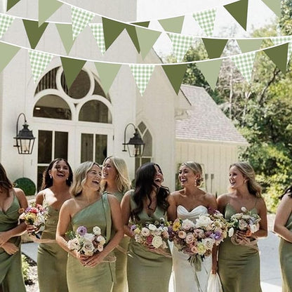 32Ft Sage Green Party Decorations Sage Gingham Banner Olive Green Buffalo Plaid Checkered Triangle Flag Pennant Fabric Garland Streamers for Birthday Baby Shower Wedding Picnic Golf Party Decorations