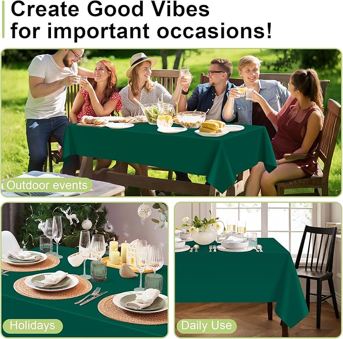 QIKSION Dark Green Plastic Table Cloth Disposable 2 Pack, 54 x 108 Inch Tablecloths for Party, Christmas Decorations, Rectangle Table Cover