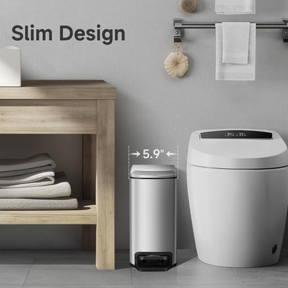 TIPGO Slim Bathroom Trash Can with Lid Soft Close, Step Pedal, 6 Liter / 1.6 Gallon Stainless Steel Trash Bin, Small Garbage Cans for Bedroom, Office, Kitchen (Silver)
