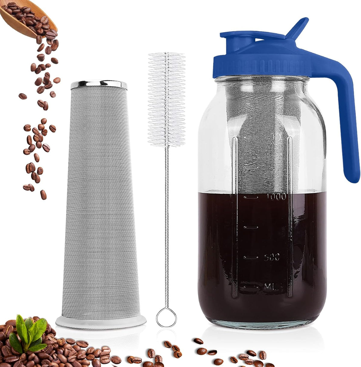 Cold Brew Coffee Maker,64 oz Mason Jar Pitcher with Stainless Steel Filter, Pour Spout Handle Lid