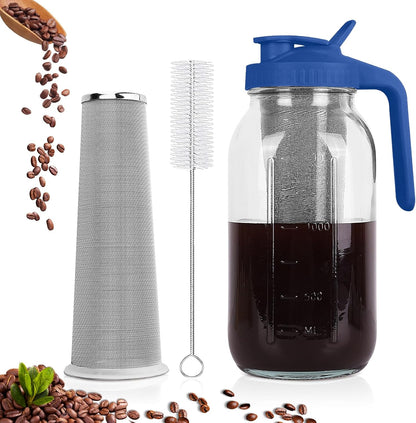 Cold Brew Coffee Maker,64 oz Mason Jar Pitcher with Stainless Steel Filter, Pour Spout Handle Lid