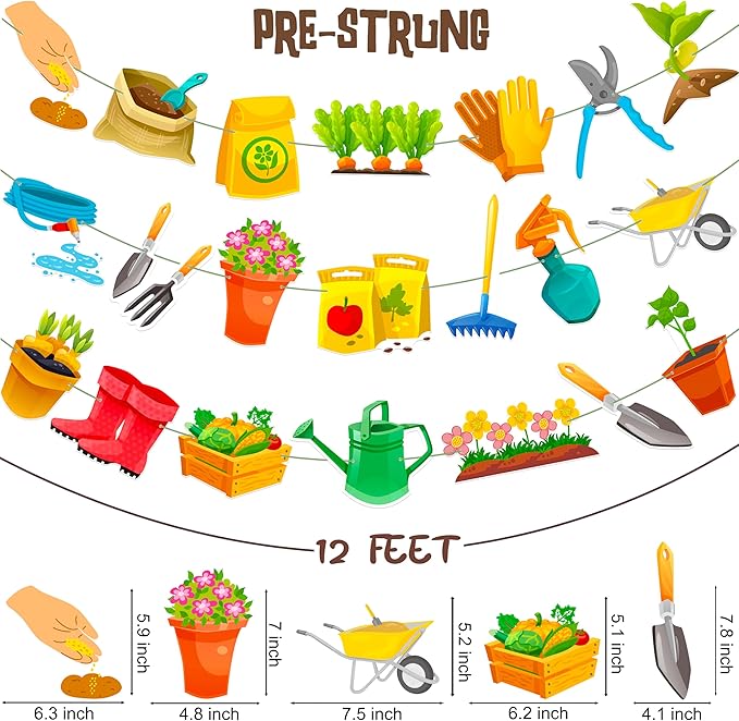 3Pcs Gardening Tool Banners Garden Birthday Party Decorations Garden Tool Theme Banner Garlands Hanging Decorations for Spring Theme Birthday Party Baby Shower Supplies