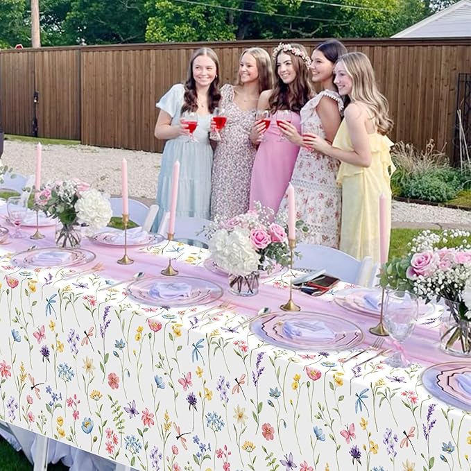 Homanu 6 Pack Wildflower Party Decorations Tablecloths, Large Size 54 X 108 Inch Rectangle Floral Tablecloth Plastic Table Cover for Birthday Party Baby Shower Decorations