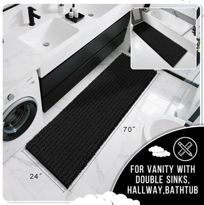 Yimobra Bathroom Runner Rug 70x24 Inch - Extra Long Non Slip Chenille Bath Mat, Soft & Absorbent, Machine Washable Shaggy Hallway Carpet for Vanity Tub Shower, Black Home Decor Accessories