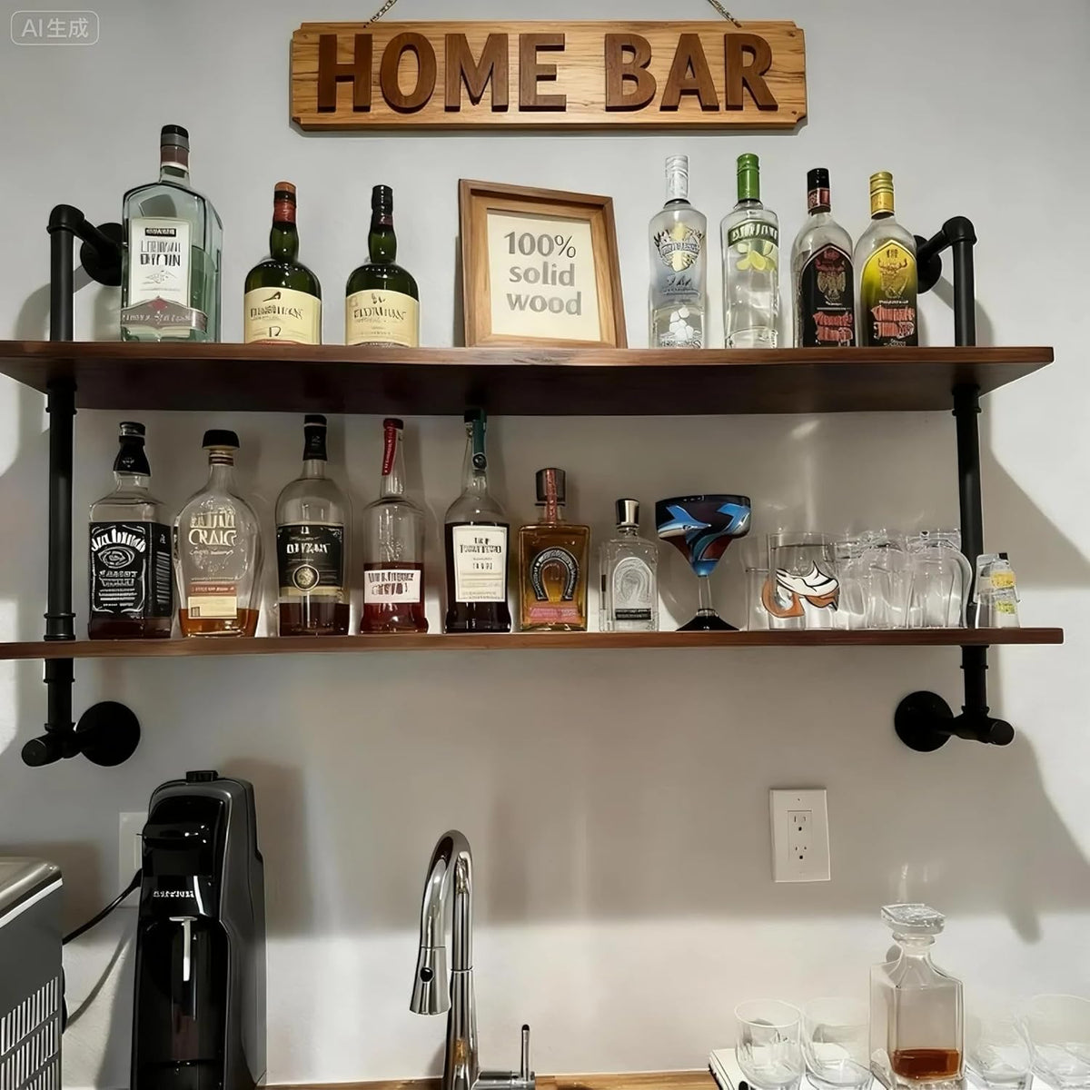 Rogmars Industrial Pipe Solid Wooden Floating Book Shelves for Living Room Wall Shelving Kitchen Wall Shelves Bar Shelving 48 inch Rustic Farmhouse