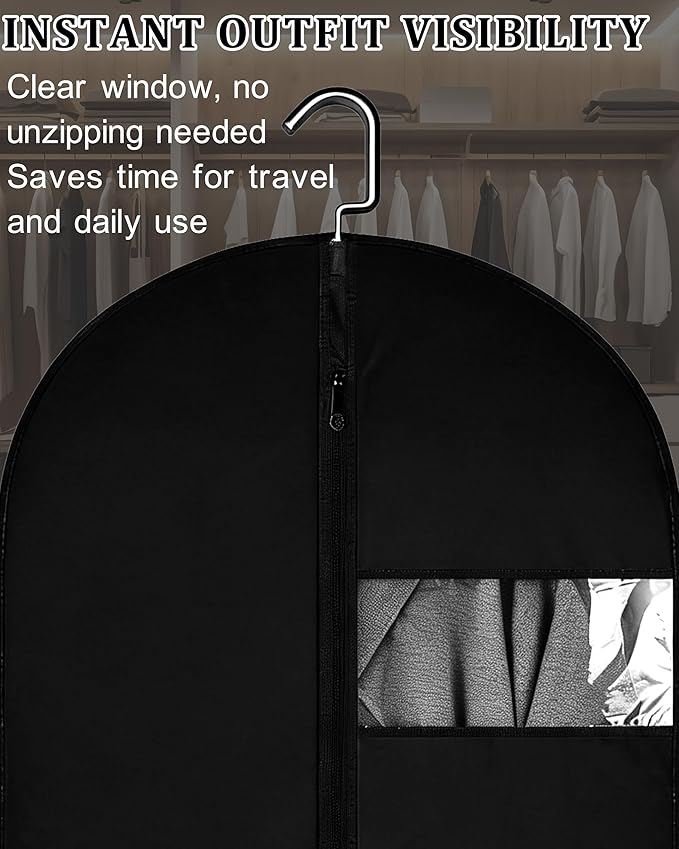 47-Inch Garment Bags for Hanging Clothes, Clear Window Dust-Proof Suit Bags for Suits Coats Dresses - Closet Storage & Travel Garment Covers (Black)