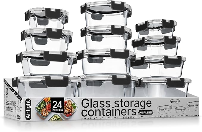 Bakken Borosilicate Glass Food Storage Containers with Lids 24 Pieces, BPA-Free Stackable Lunch & Leftover Containers, Microwave, Freezer & Dishwasher Safe, 100% Airtight Leak-Proof, Black