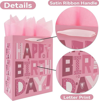 wishinside 13'' Large Happy Birthday Gift Bag Set with Handles, Greeting Card, Pink Tissue Papers and Stickers for Women Girls Kids Teens, Cartoon Design, 1 Pcs