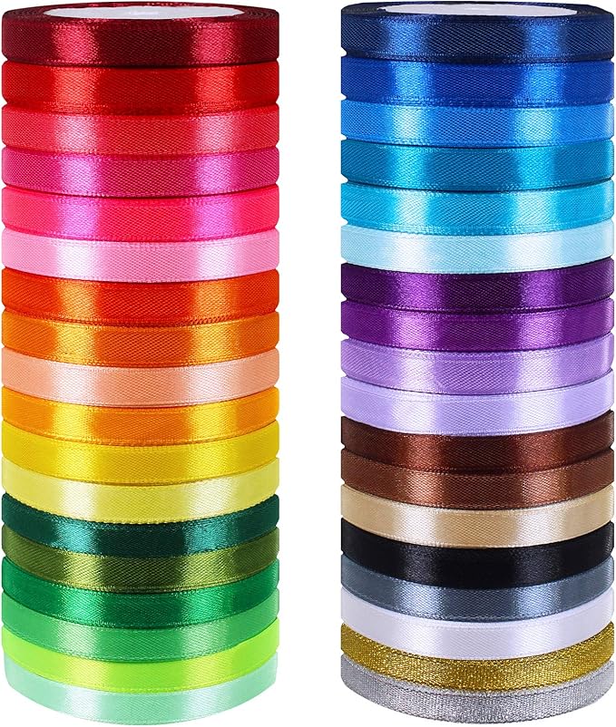 36 Colors 900 Yards Satin Metallic Glitter Ribbons Rolls for Craft, Embellish Decorative Ribbons 2/5" Wide for Floral Bouquet Gift Wrapping Bows Wedding Shower Decoration