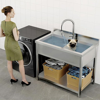 Stainless Steel Utility Sink, Large Freestanding Laundry Sink with Pull-out Faucet for Kitchen, Bathroom, Laundry Room, Garage, Outdoor/Indoor Use, Pet Cleaning, D21.65 x W35.43 x H36.61 inch