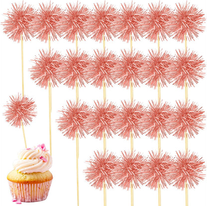80 Pcs Firework Cupcake Topper Rose Gold Graduation Cake Decorations Foil Frill Toothpicks for Party Decoration, Cake Toppers, Picnics, Bar, Birthday