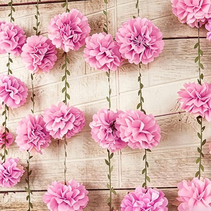 Pink Tissue Paper Flowers Pom Pom Spring Garland （2PCS） Hanging Decor Pink Party Decorations for Women Girls Birthday Bachelorette Baby Shower Wedding Party Supplies
