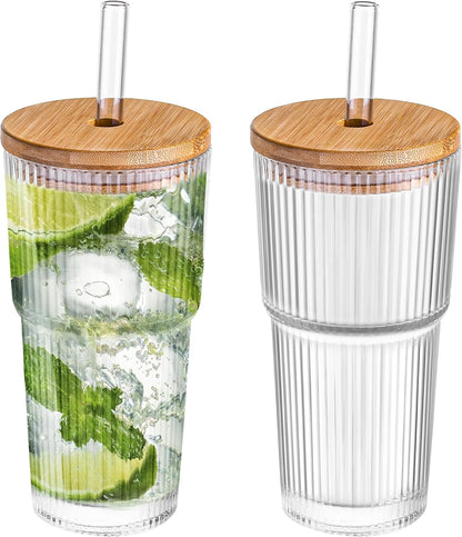 20 oz Ribbed Glass Tumblers with Bamboo Lids and Straws, 2 Pcs Wide Mouth Thickened Vintage Glass Cup for Boba, Iced Coffee, Juice