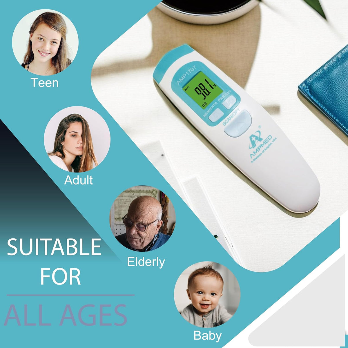 Amplim Non-Contact Forehead Thermometer & Case for Adults, Kids, Baby, FDA Cleared, Medical Grade, Touchless Infrared, 1-Sec Reading, Fever Alarm