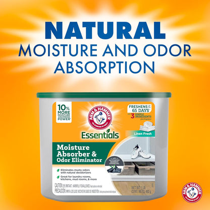 Arm & Hammer Essentials Disposable Moisture Absorber and Odor Eliminator Tub, Linen Fresh, 1 lb., 3-Pack, Attracts and Traps Excess Moisture, Ideal Closet Non-Electric Dehumidifier
