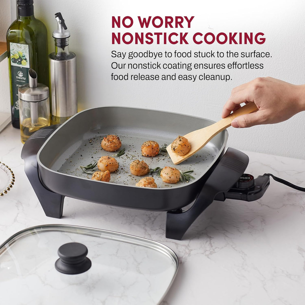 Elite Gourmet EG2212X 12"x12"x2.15” Ceralast™ PFAS Free Ceramic Electric Skillet, Dishwasher Safe, Rapid Heat Up, 1200W, Dark Grey