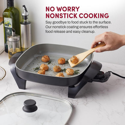 Elite Gourmet EG2212X 12"x12"x2.15” Ceralast™ PFAS Free Ceramic Electric Skillet, Dishwasher Safe, Rapid Heat Up, 1200W, Dark Grey