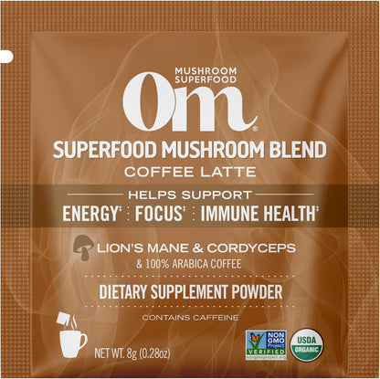 OM MUSHROOM SUPERFOOD Coffee Latte Blend Mushroom Powder, Single Serve, 10 Count, Lion's Mane, Cordyceps, Reishi, Chaga, Energy & Mental Clarity Support Supplement