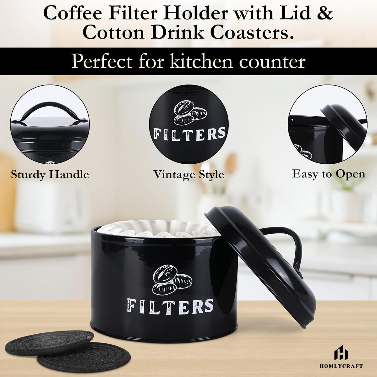 Coffee Filter Holder – Coffee Filter Holder for Counter with Braided Cotton Drink Coasters – Vintage Coffee Filter Container with Lid – Accessories for Coffee Bar, Home(Black)