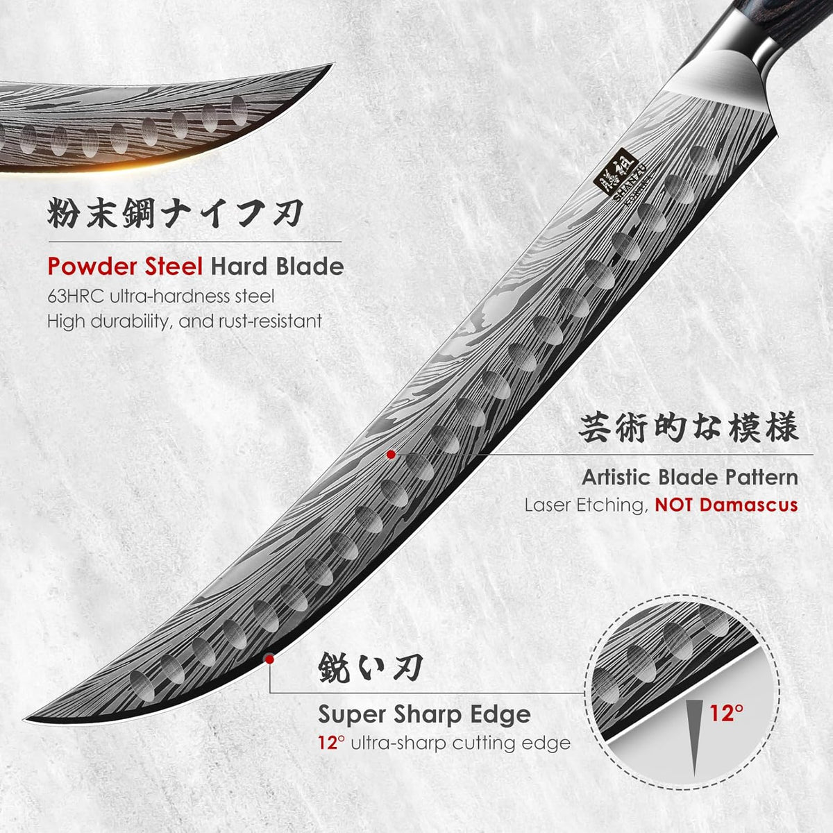 Shan ZU Butcher Knife in High Carbon Powder Steel, 12 Inch Brisket Knife for Meat Cutting, Carving and Slicing Knives with Ergonomic Pakkawood Handle