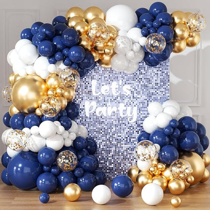 Navy Blue and Gold Balloons Arch Garland Kit 164pcs Different Sizes Balloons 5 10 12 18 with Gold Confetti Balloons for Anniversary Wedding New Year Birthday Party Decorations