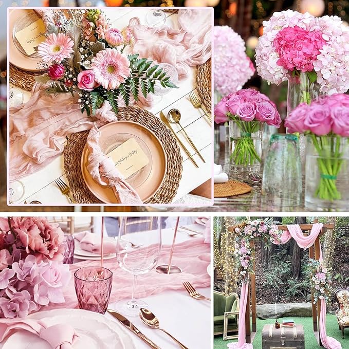 Pink Cheesecloth Table Runner 13.3FT Rustic Sheer Gauze Table Runners 157 Inch Boho Cheese Cloth Table Decorations for Wedding Party Spring Bridal Baby Shower Home Decor