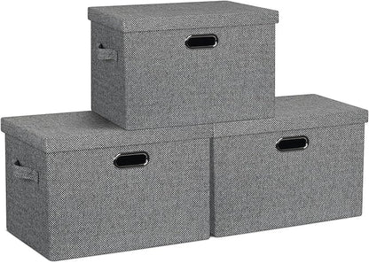 Graciadeco Large 17" 36 Quart Collapsible Stackable Storage Bins with Lids, 3 Packs Black and White Mix Linen Fabric Closet Boxes with Lids, Storage Cube Baskets Container Organizers (17x12x11)