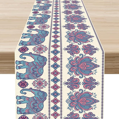 Boho Elephant Table Runner, Rustic African Tribe Animal Damask Diwali India Mandala Art Print Purple Coffee Table Center Decor for Home Kitchen Holiday Party Outdoor Table Decorations, 13"x72"