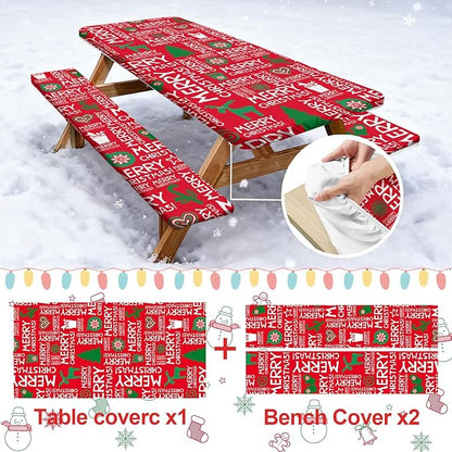 Picnic Table Cover with Bench Covers Set of 3, Elastic Fitted Tablecloth for 6 Foot Tables, Washable Polyester Tablecloths for Camping, Indoor & Outdoor