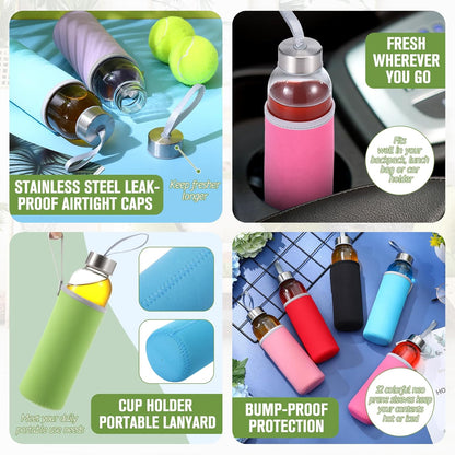 Vesici 12 Set 18 oz Clear Glass Water Bottles, Reusable Glass Juicing Bottles with Protection Sleeve and Stainless Steel Leak Proof Lids for Milk Smoothie Juice Beverage Tea (Colorful,Stylish)